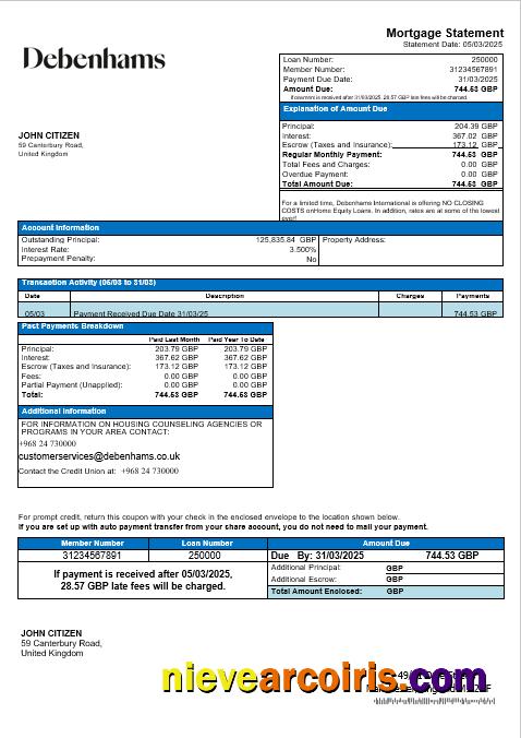United Kingdom Debenhams mortgage statement